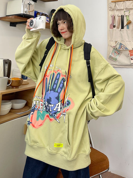 Loose Bf Street Vintage Palm Print Hoodie