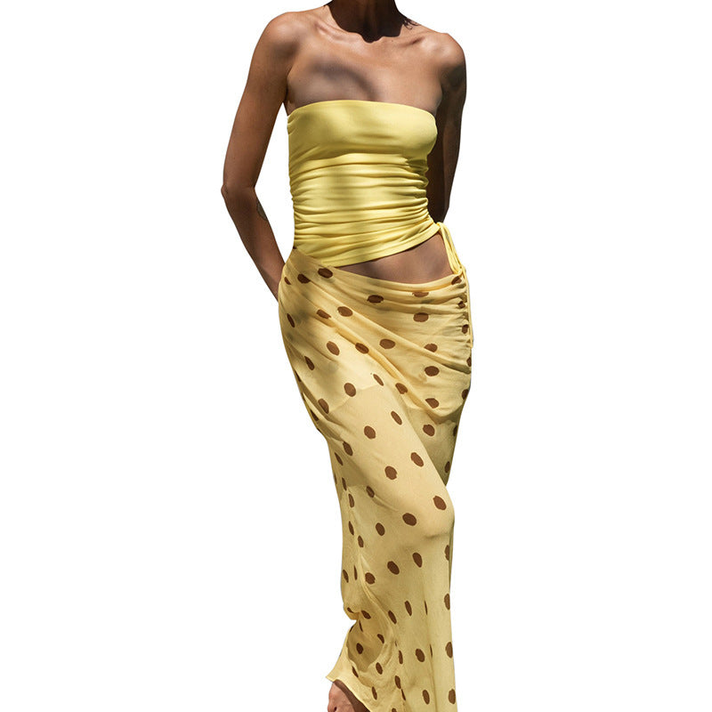 Style Tube Top Hollow-out Dot Mesh Slim-fit Jumpsuit Long Dress For Women