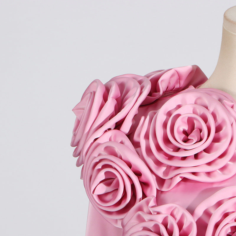 French Flower Decoration Round Neck Slim Fit Dress