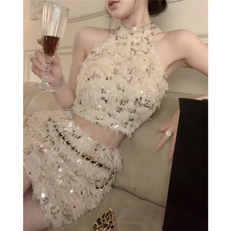 Sequined Tassel Halter Spaghetti Straps Vest Sheath Skirt