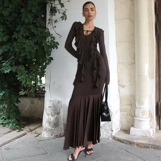 Ruffles Lace-up Long Sleeve Waist Dress