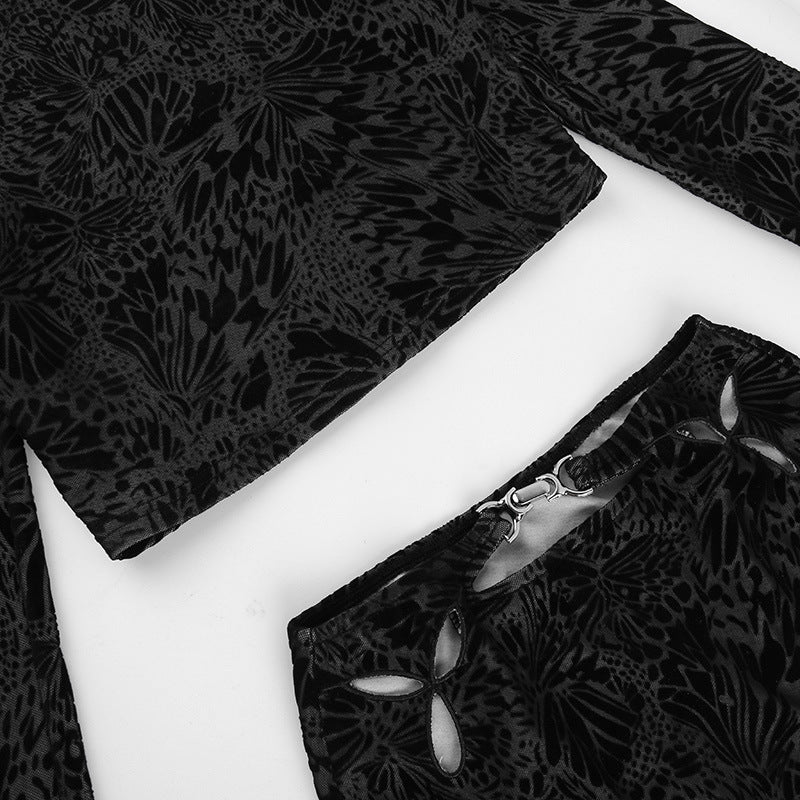 Elegant Slim-fit Printed Flocking Long-sleeve Suit