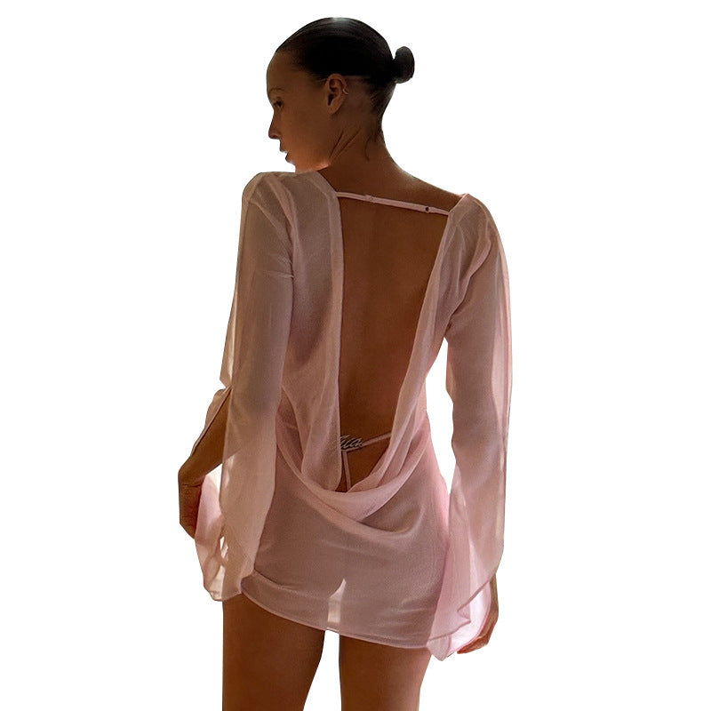 Sheer Long Sleeve Backless Dress