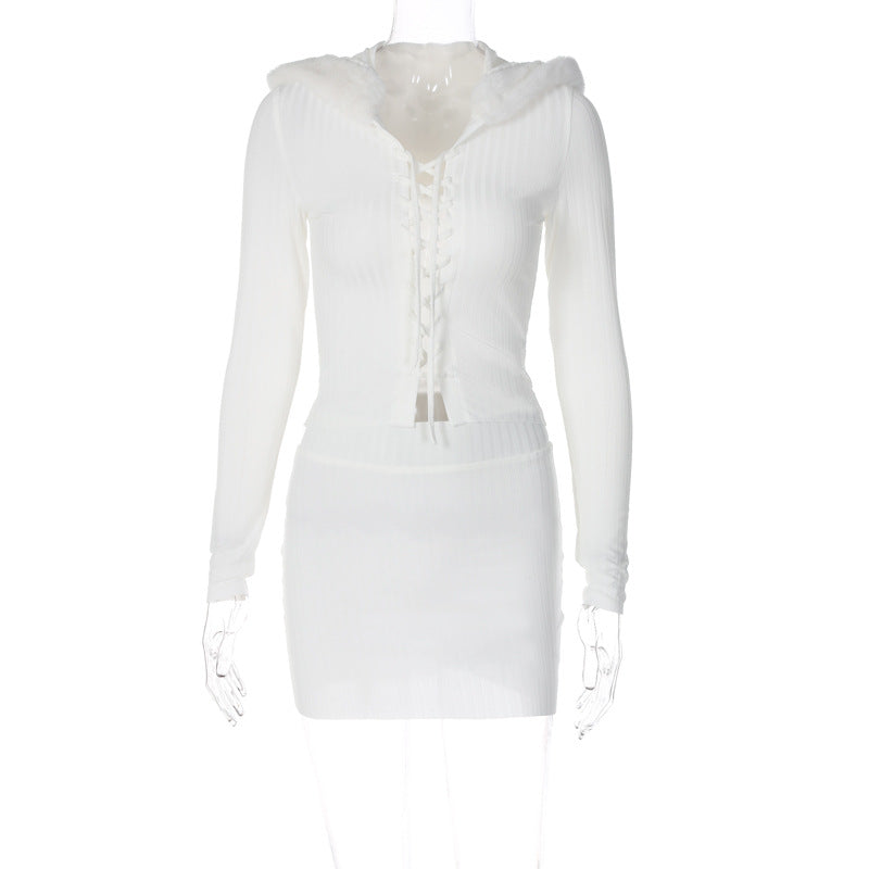 Plush Hooded Top Skirt Fashion Suit