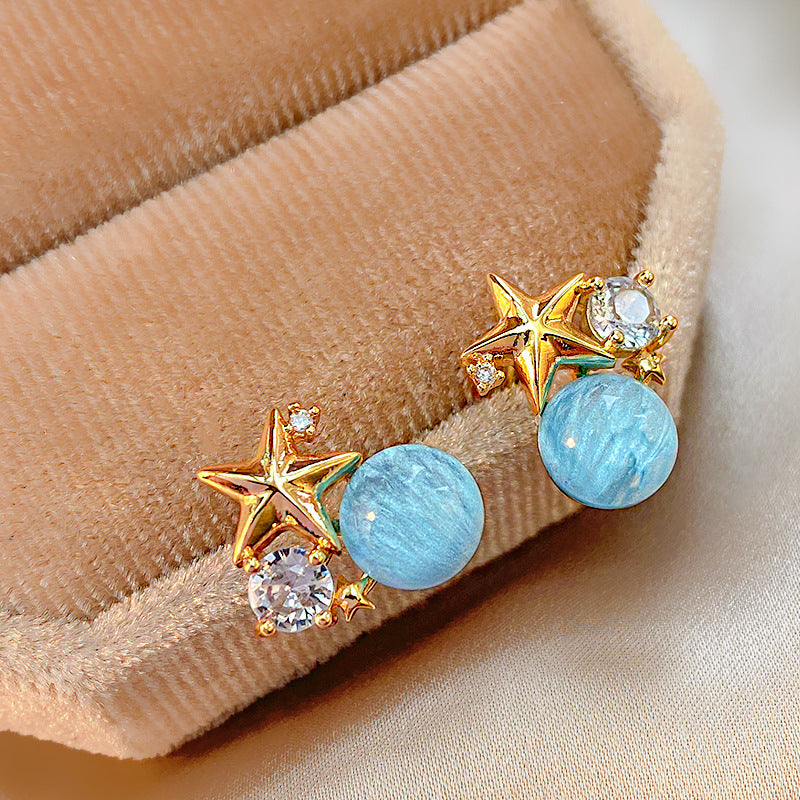 Starfish Blue Beads Zircon Stud Earrings For Women Simple And Compact