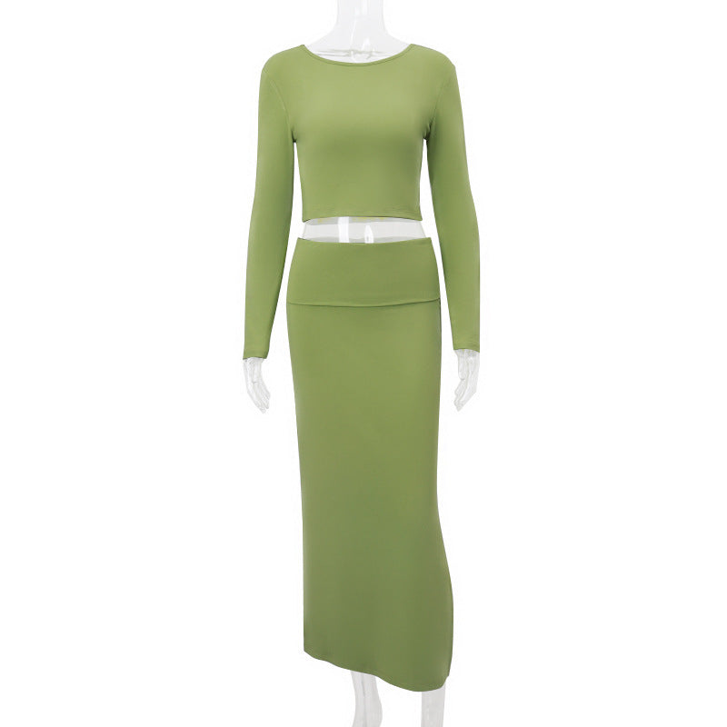 Round Neck Long Sleeve T-shirt Patchwork Slit Long Skirt Suit