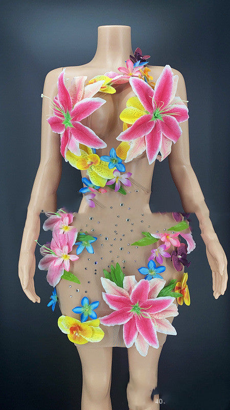 Floral Performance Costume Stage Rhinestone Sleeveless Dress