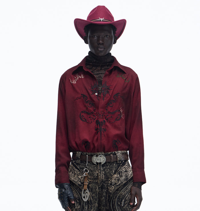 Totem Patterned Wine Red Misty Satin Velvet Shirt