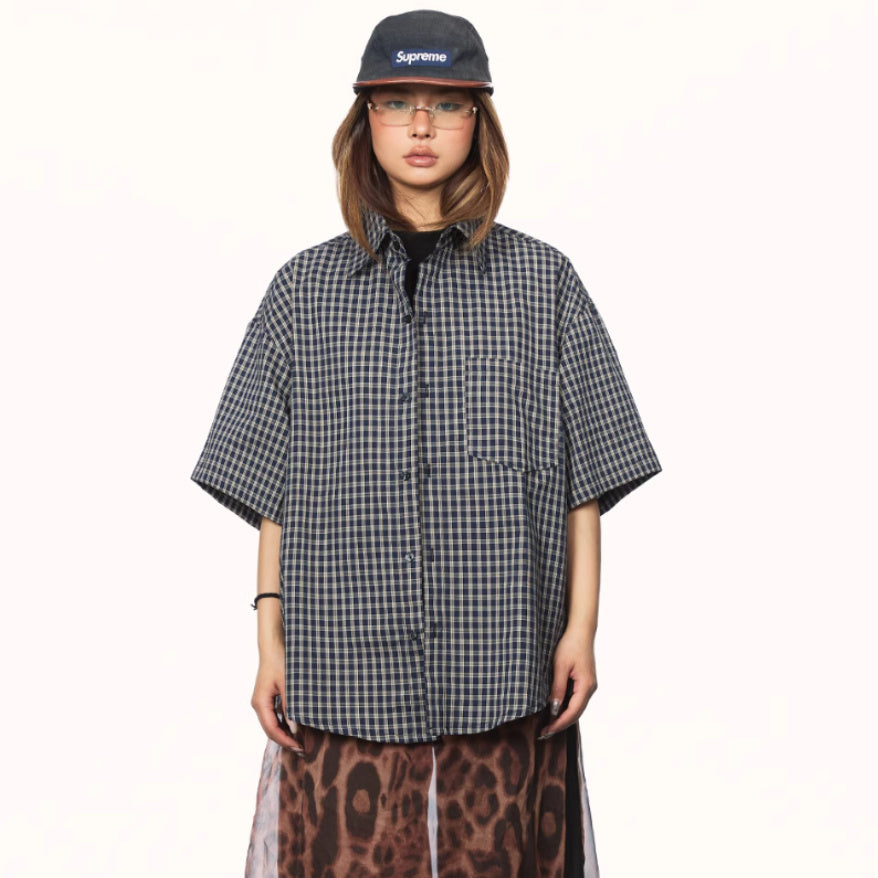 Chemise à carreaux décontractée à manches courtes style rétro américain basique