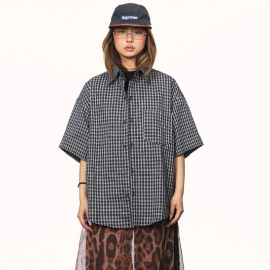 Basic American Retro Casual Plaid Short Sleeve