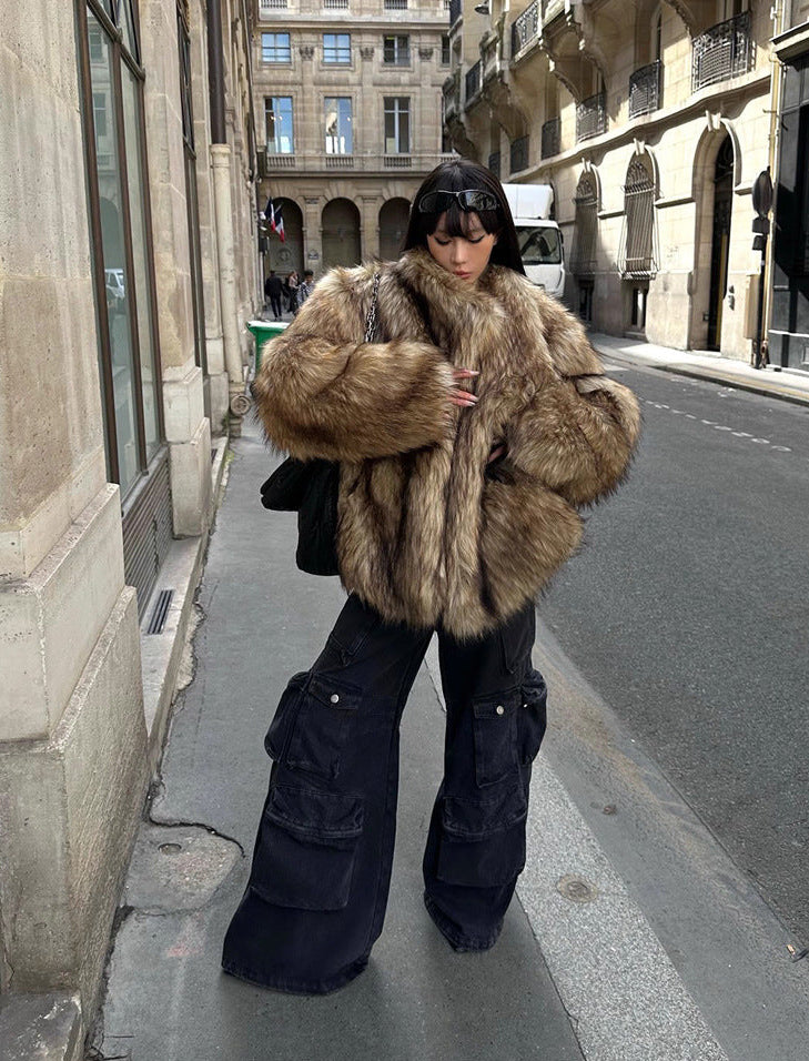 Fur Coat Raccoon Fur Coat Brown Lapel Warm Furry Coat European And American Leisure