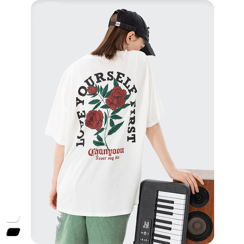 T-shirt d'été pour homme en coton lavé à manches courtes et imprimé vintage