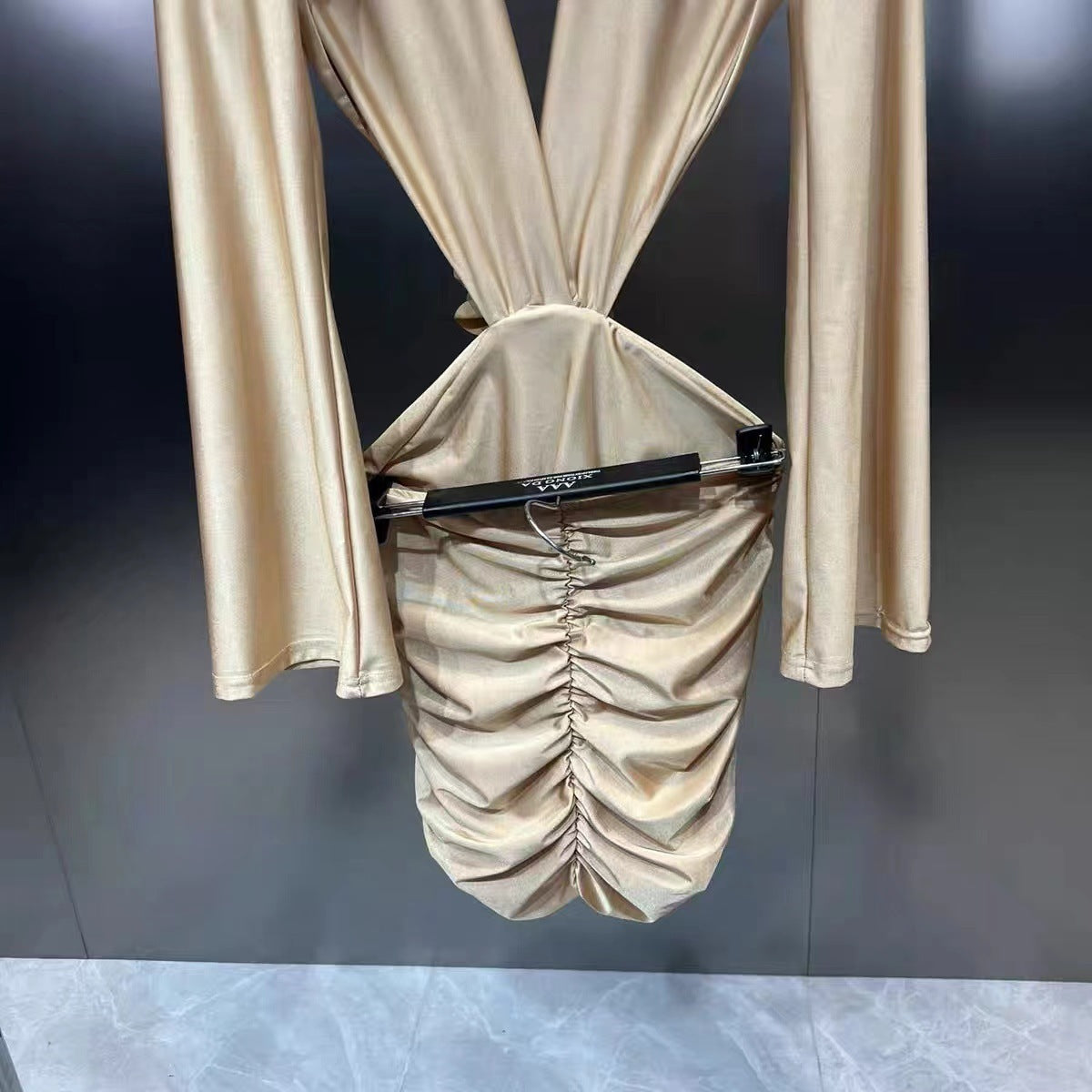 Fashion Deep V-neck Padded Shoulder Long Sleeve Waist Hollow Dress