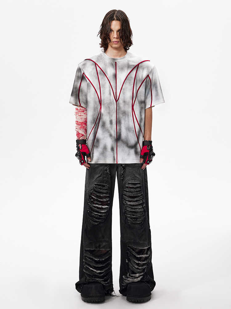 T-shirt à manches courtes et épaules rembourrées, col rond, patchwork tridimensionnel