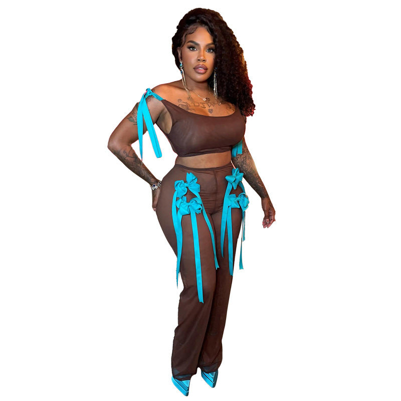 Fashion Mesh See-through Bow Sleeveless Slim Fit Vest Pants Suit