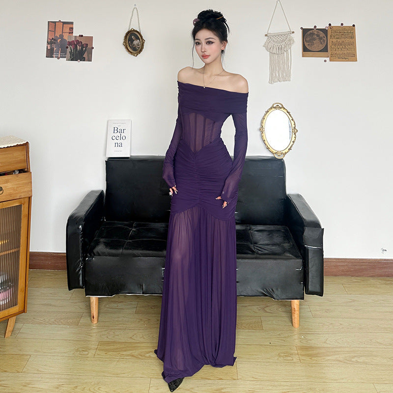 Purple Mesh Dress Off-shoulder Fishbone Waist