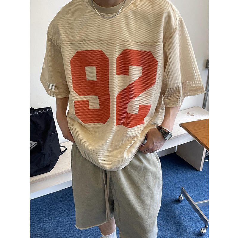 Retro Loose Profile Breathable Mesh Printed Short Sleeve T-shirt