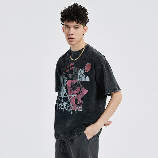 Men's Comic Graffiti Loose Washed Distressed Short Sleeve T-Shirt