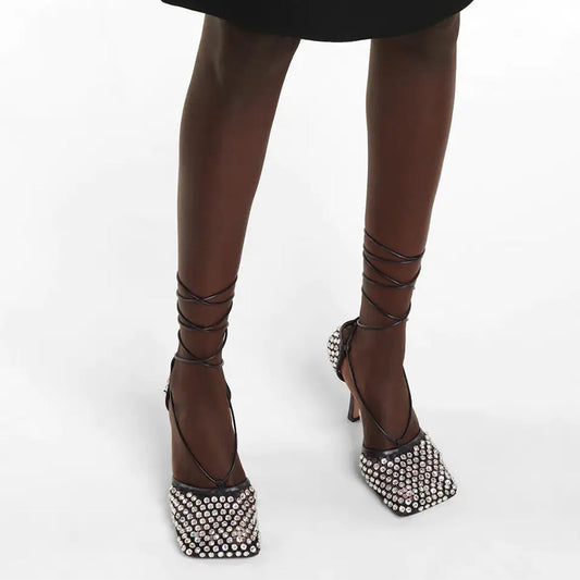 Rhinestone Mesh High Heels Square Toe Stiletto Strap Large Size French Sandals
