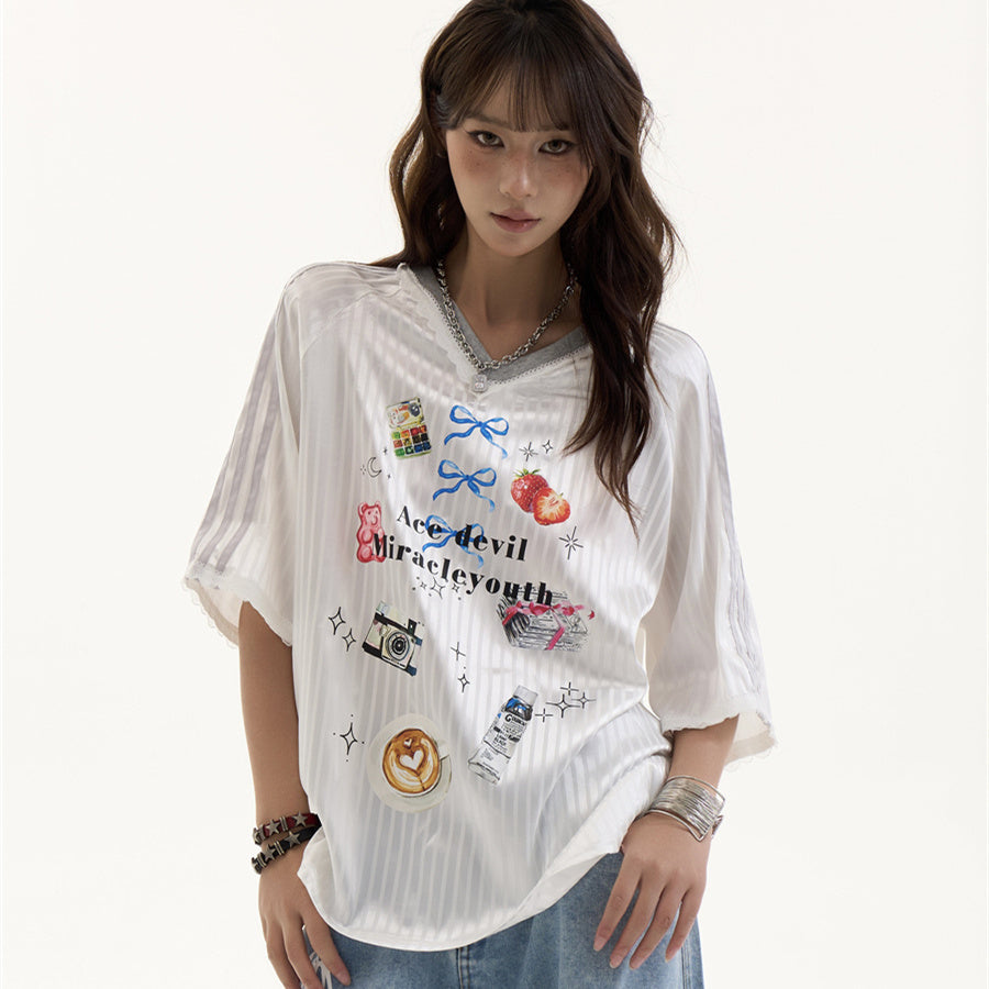 Female Retro V-neck Letter Printed Short Sleeved Shirt