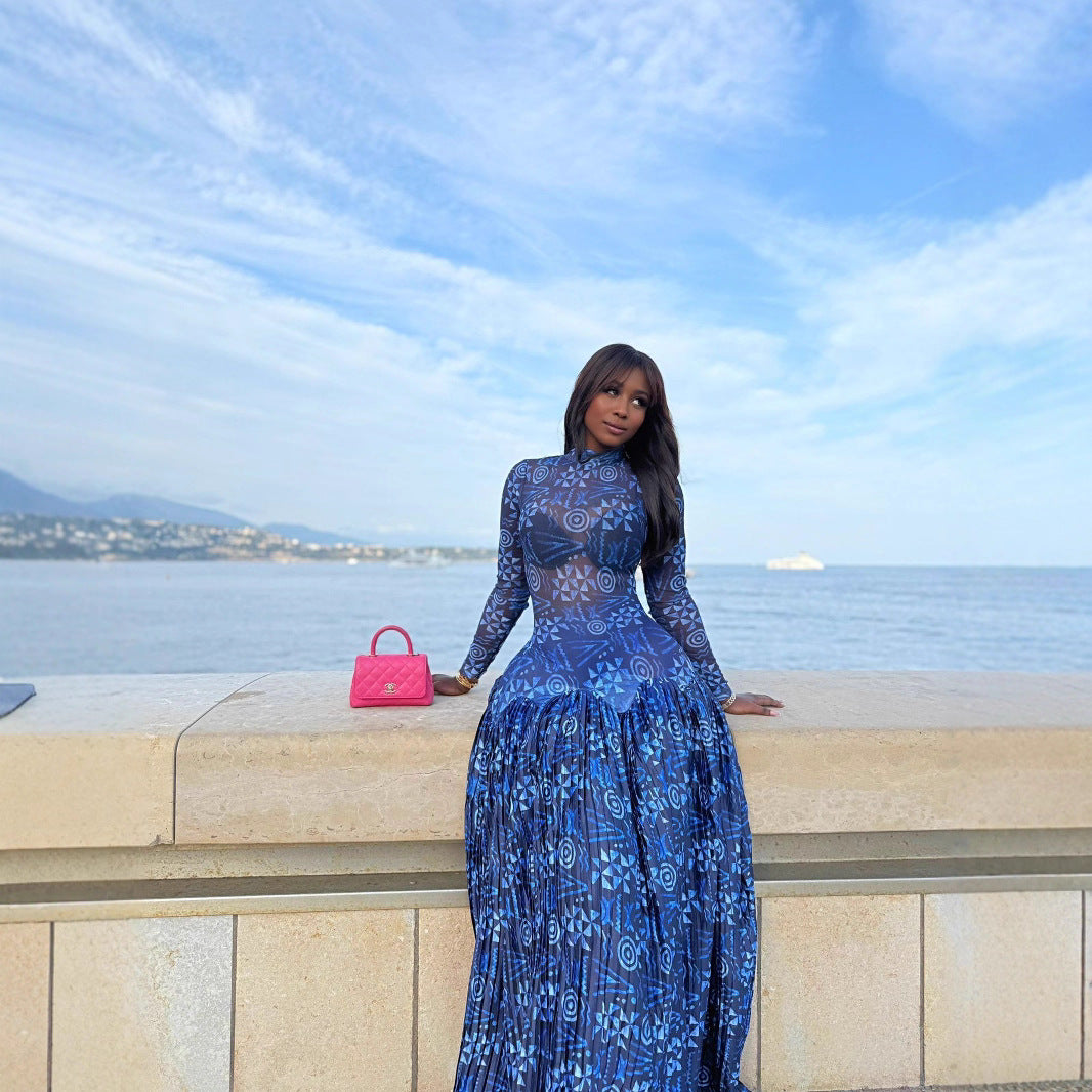 Womens Printed High-Neck, Defined-Waist, Long-Sleeve, Flared Hem SpringAutumn Dress