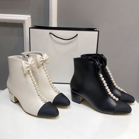 Thick Heel Pearl Bow Boots