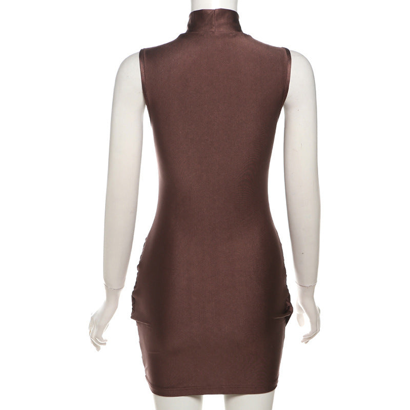 Elegant Pure Slim Turtleneck Solid Color Ruffle Hip Dress