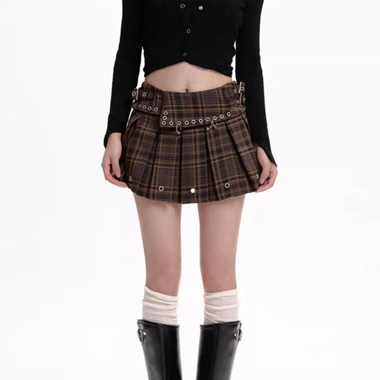 Jupe à carreaux taille haute pour femme, jupe plissée amincissante en A