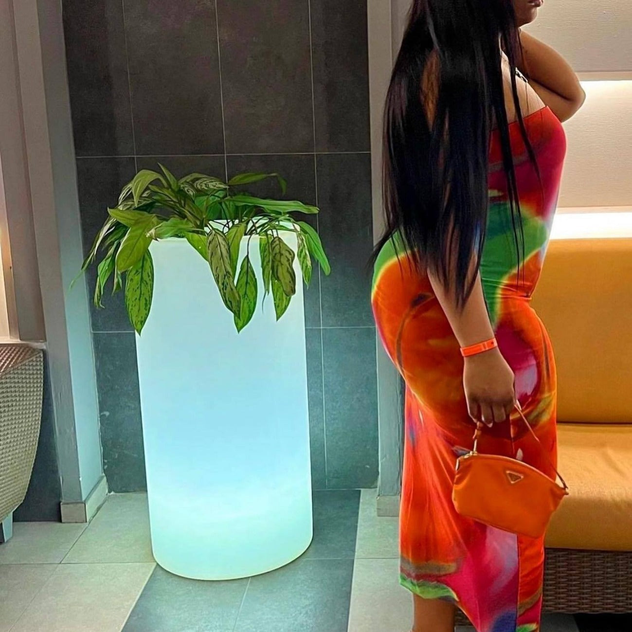 Robe tube imprimée à col dénudé, taille ajustée, dos nu, sans manches