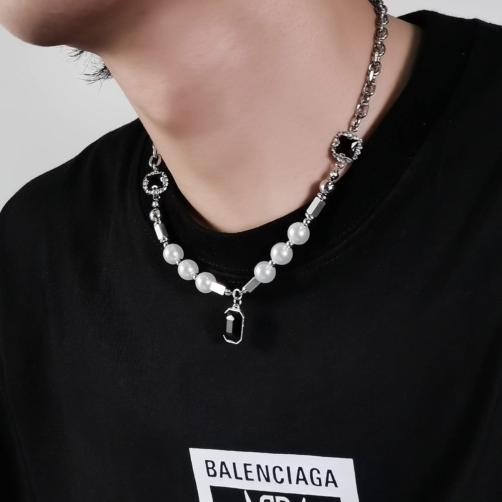 Street Hip Hop Pearl Black Gem Necklace