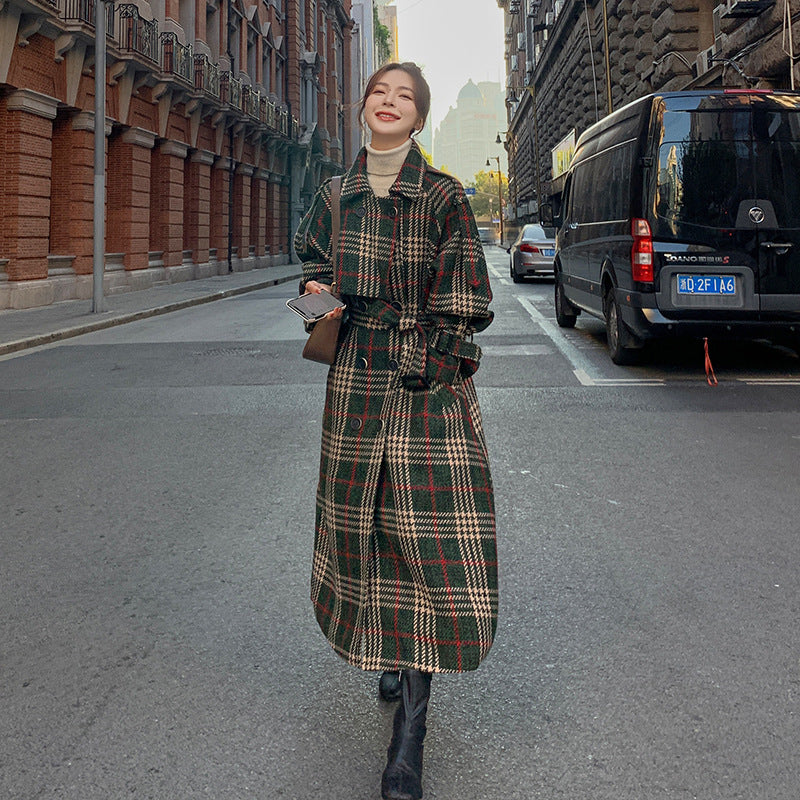 Green Plaid Loose Mid-length Woolen Coat