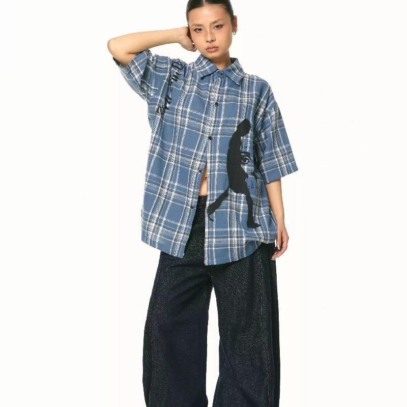 Nouvelle chemise ample à manches courtes à carreaux bleus