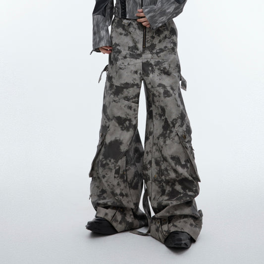 Pantalon de travail en cuir multi-poches style rétro vieilli et fleuri