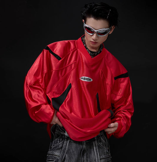 V-collar Contrast Color Padded Shoulder Long Sleeve American Retro Outdoor Sports Top