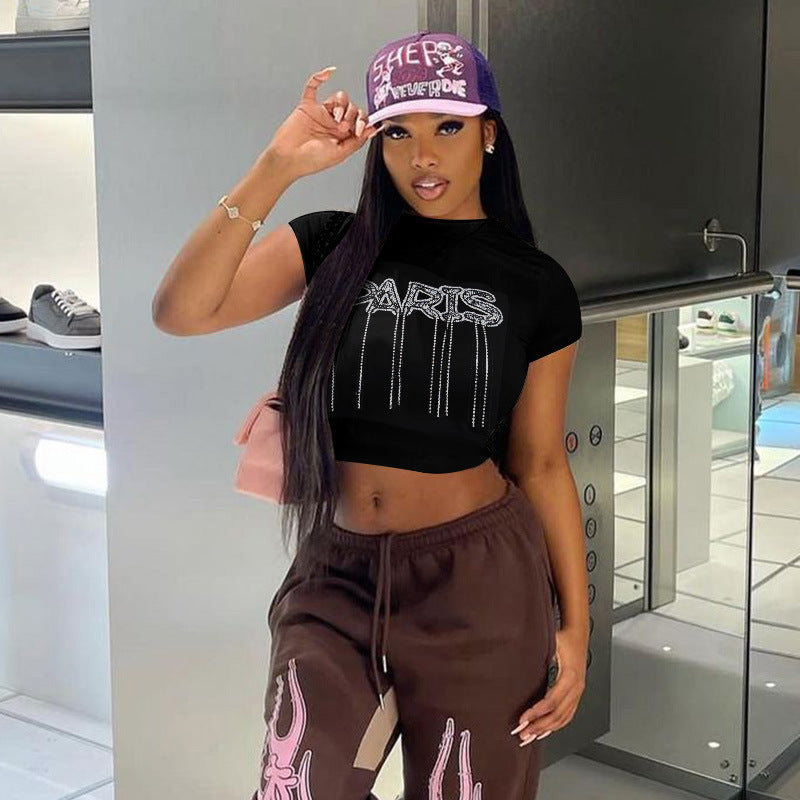 T-shirt à col rond et manches courtes avec inscription « Hot Diamond » pour femme