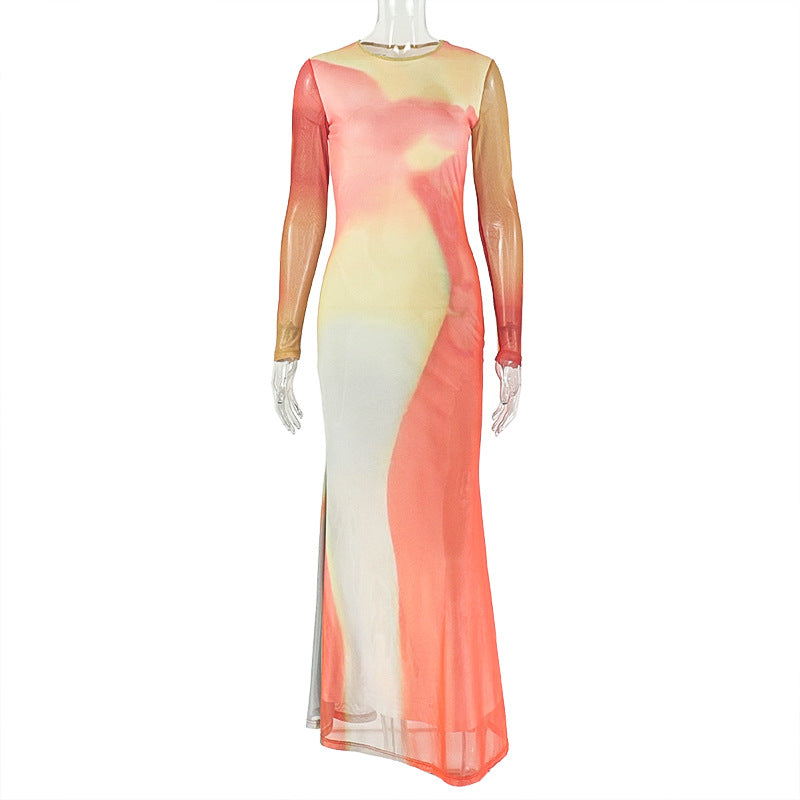 Robe de soirée plissée à col rond et manches longues pour femme