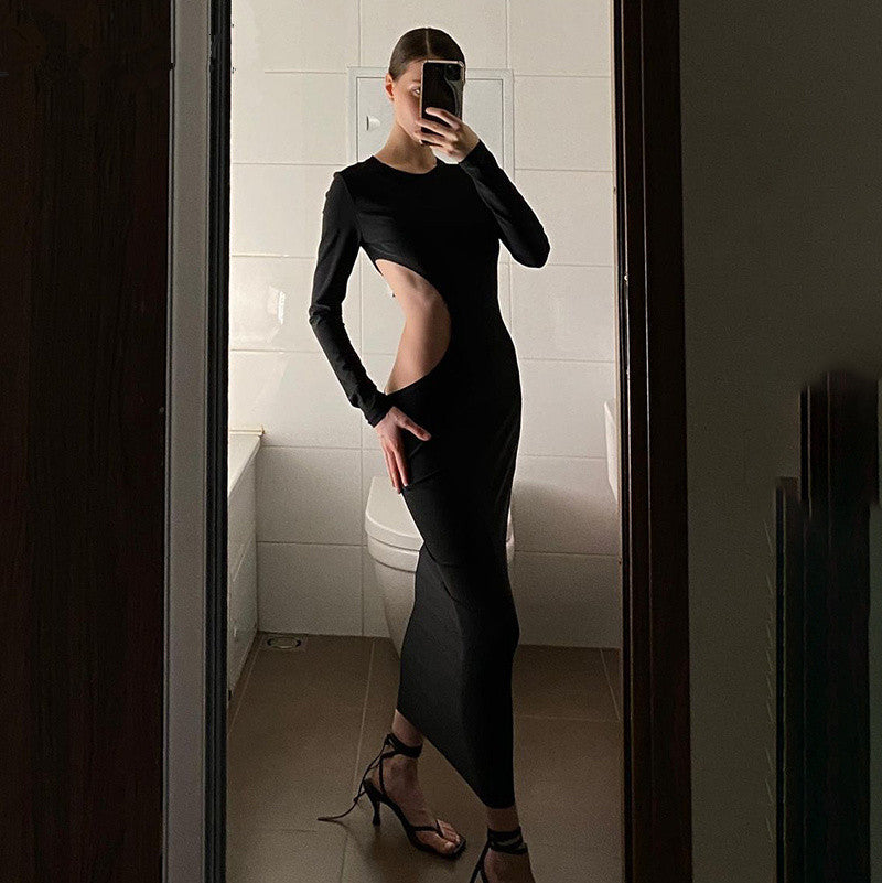 Solid Color Long Sleeve O Neck Hollow Dress