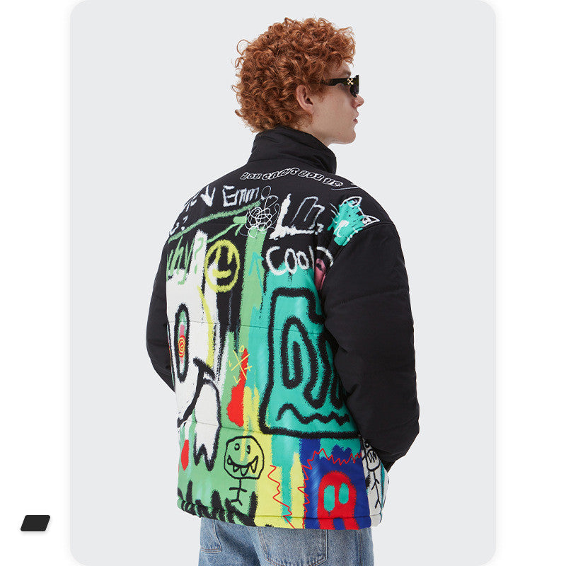 Loose And Graffiti Zipper Men Cotton Jacket