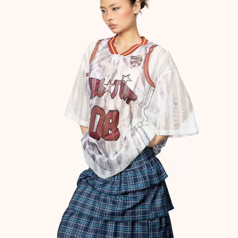 Color Contrast Patchwork Striped Hollow Print Small V-neck Short Sleeve