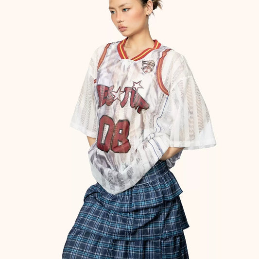 Color Contrast Patchwork Striped Hollow Print Small V-neck Short Sleeve