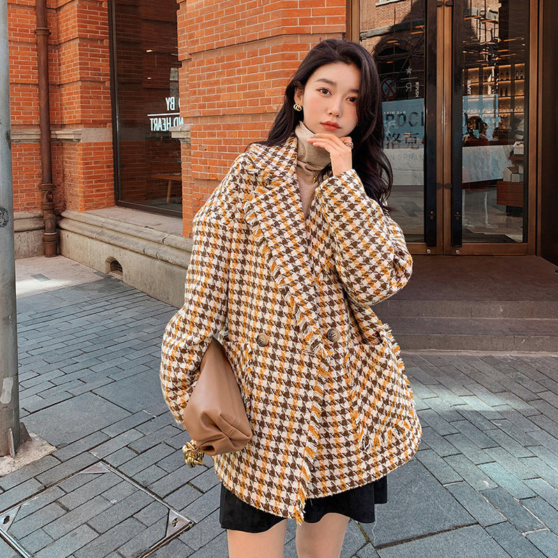 Houndstooth Women's Casual Suit Woolen Coat