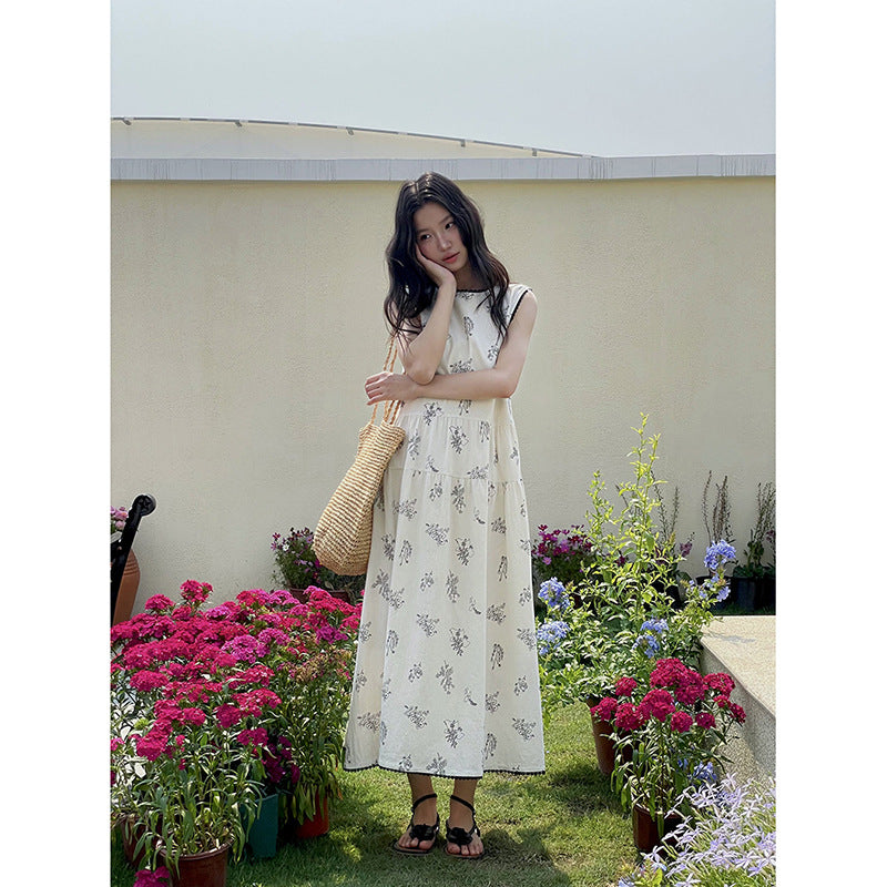 Retro Printed Waist-controlled Slimming Dress Women's Summer New