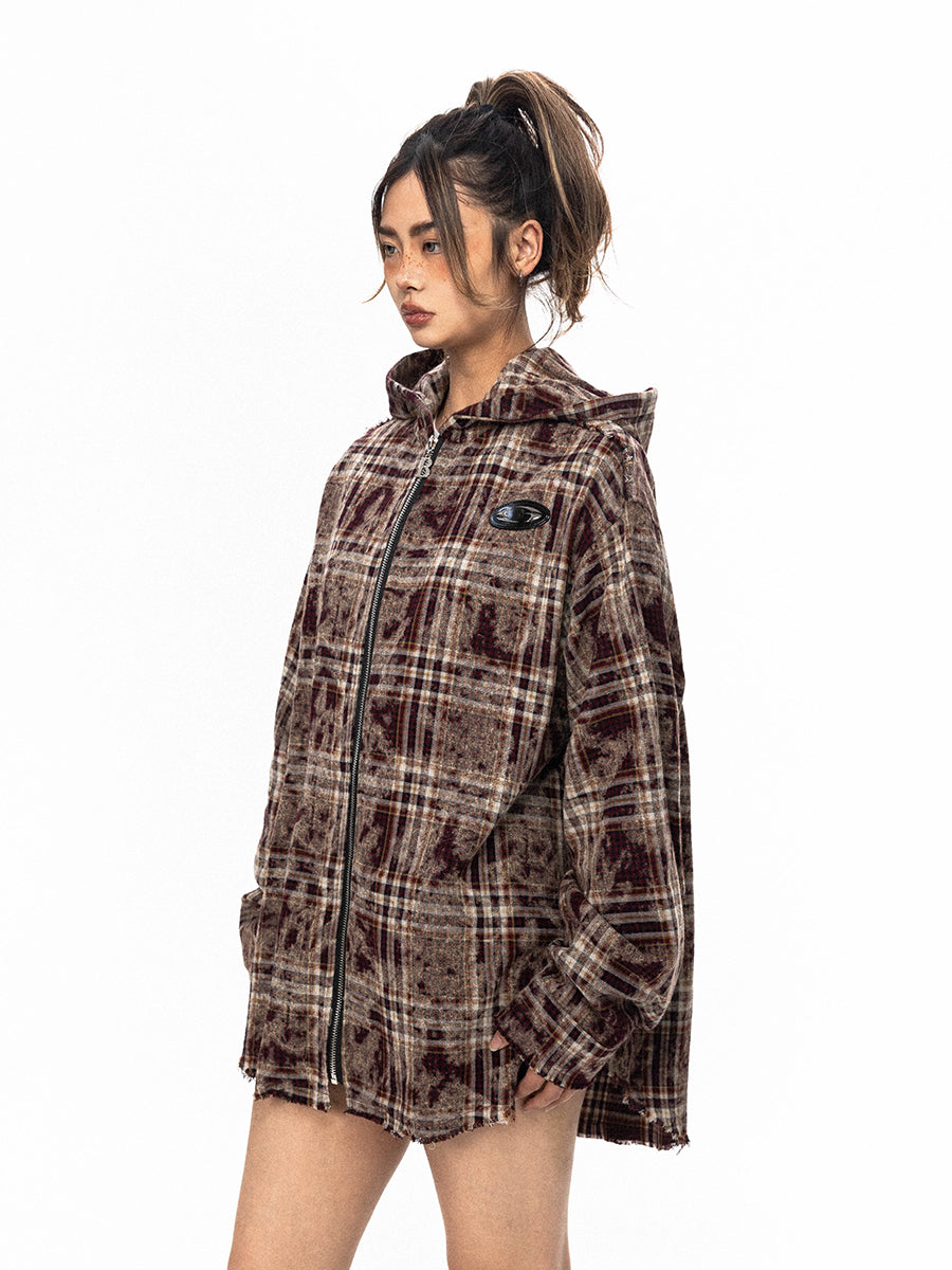 Retro Plaid Hooded Zip Jacket