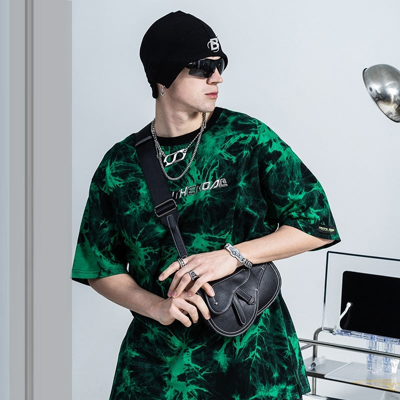 Short-sleeved T-shirt With Tie-dye Metal Three-dimensional Lettering