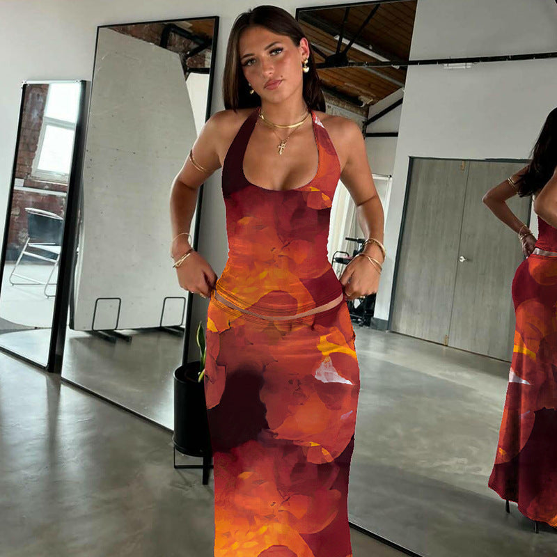 Fashionable Printed Sexy U-Neck Tank Top And Slim-Fit Skirt Set