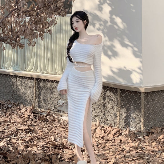 Knitted Slit Skirt Autumn Slim Fit Hip Package