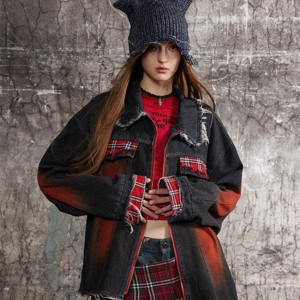 Color Matching Cat Raw-cut Edges Washed And Worn Loose Lapels Coat Fashion