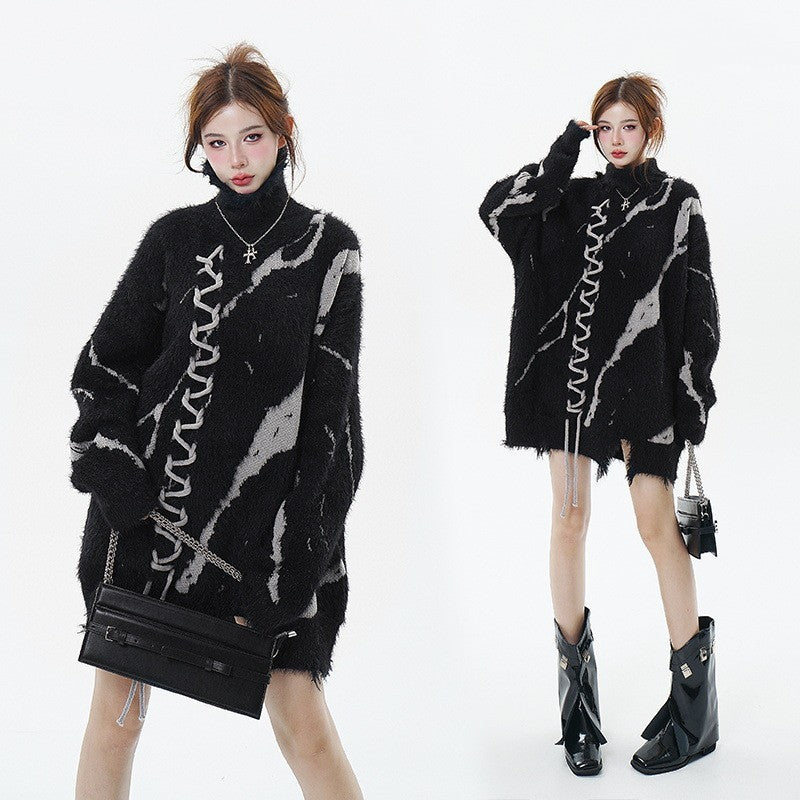 Ripped Design Jacquard Rope Turtleneck Sweater