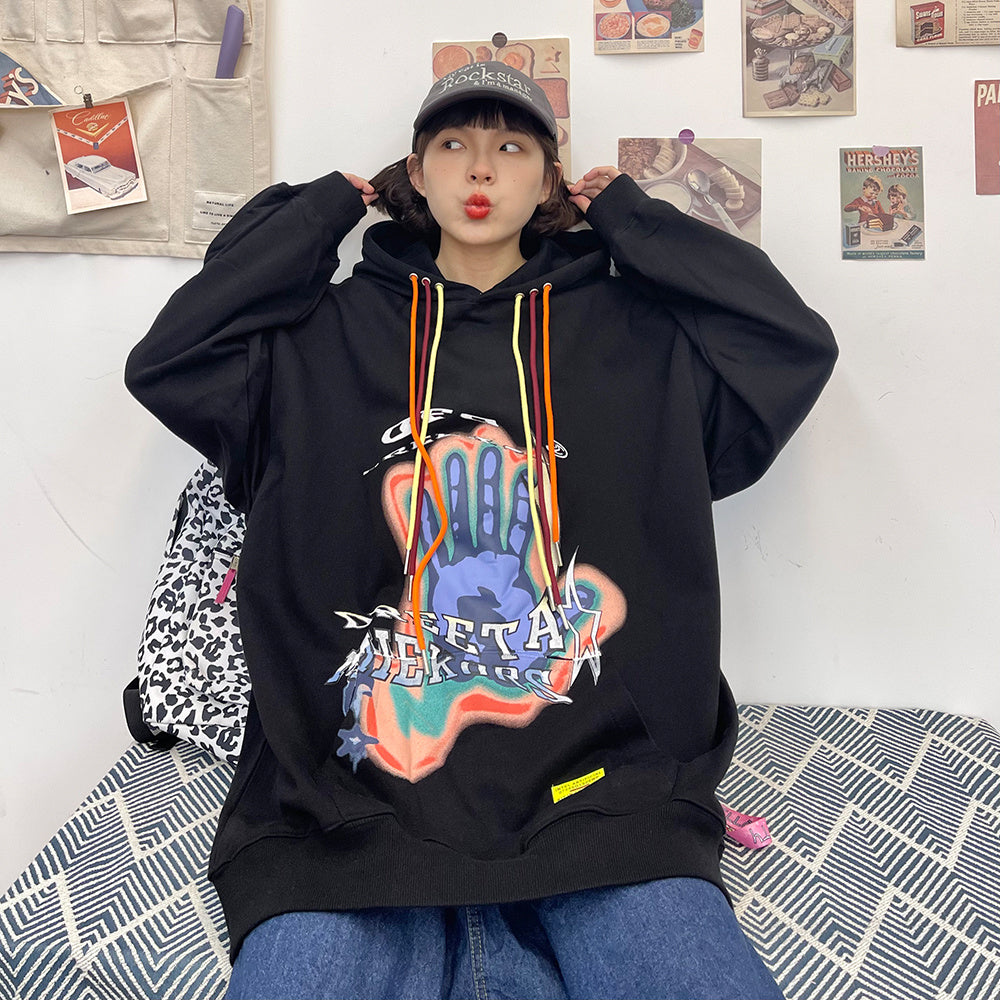 Loose Bf Street Vintage Palm Print Hoodie