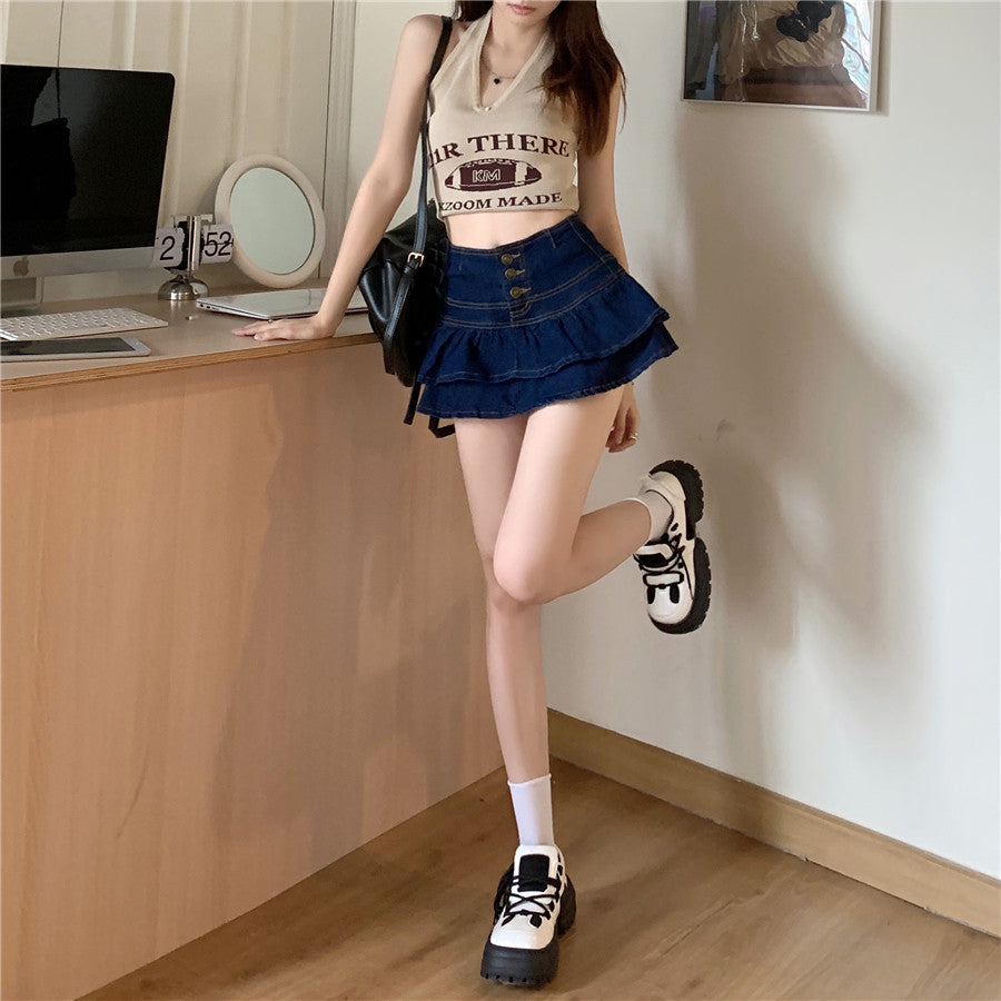 Jupe en jean rétro à volants pour femme